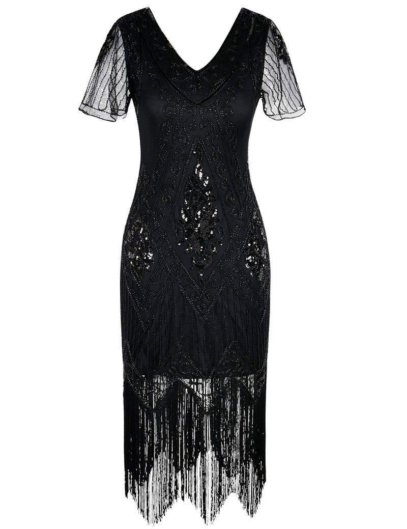 PrettyGuide Women's 1920s Dress Vintage Fringed Flapper Dress with Sleeve L Black - Image 2